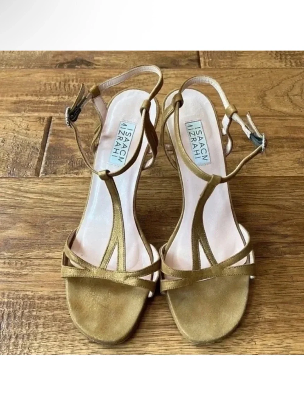 Isaac Mizrahi Gold Metallic Strappy Open Toe Heels Rhinestone Buckle Accent Sz 8